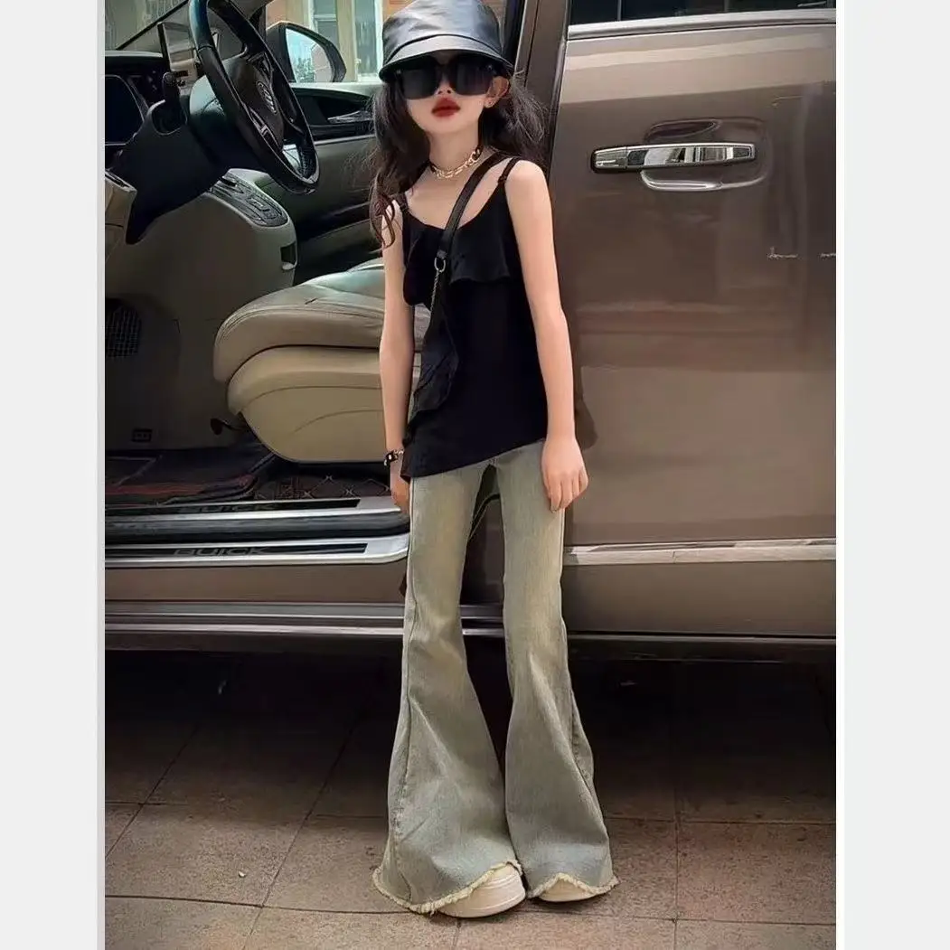 

Girls' Spring And Summer Set 2026 New Style Children's Fashionable Black Ruffle Sleeveless Strap+Jeans Two-piece Set 120-170CM