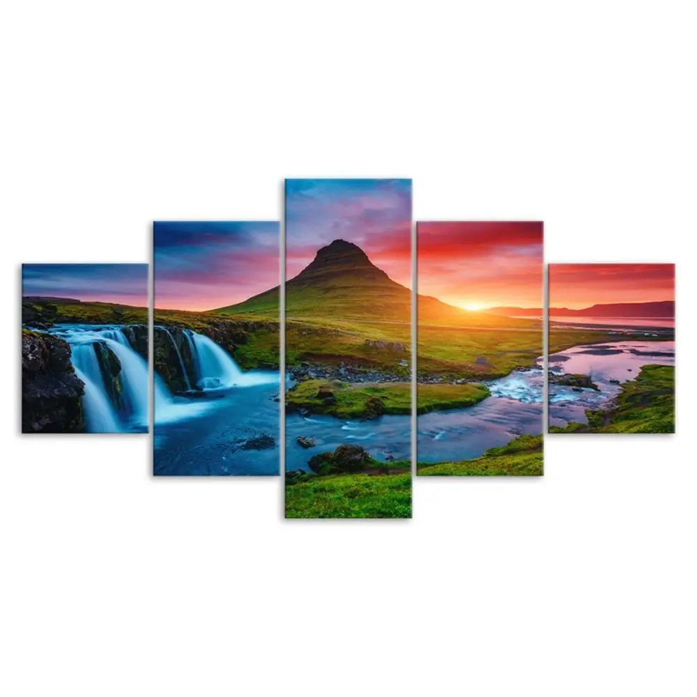 مجموعة فنية جدارية من القماش مكونة من 5 قطع، مشهد غروب الشمس المهيب، طراز آرت ديكو الكلاسيكي، ملصق رسم بالحبر بدون إطار، داخلي/خارجي #6