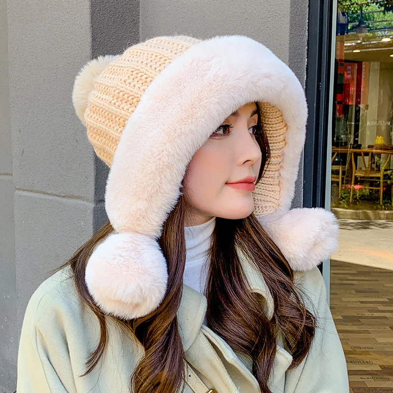 

Three Ball Plush Ear Protection Hat Ladies Winter Cold Warm Knitted Hat Outdoor Cycling Thickened Adult Children Warm Woolen Hat