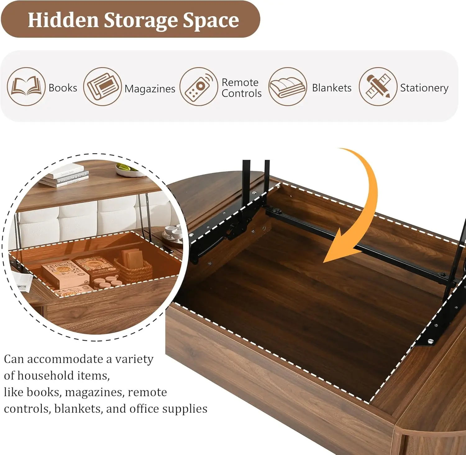 Mesa de centro moderna marrom com tampo elevatório de 47,2 '' - Mesa central de madeira com mesa elevatória oval e compartimento oculto