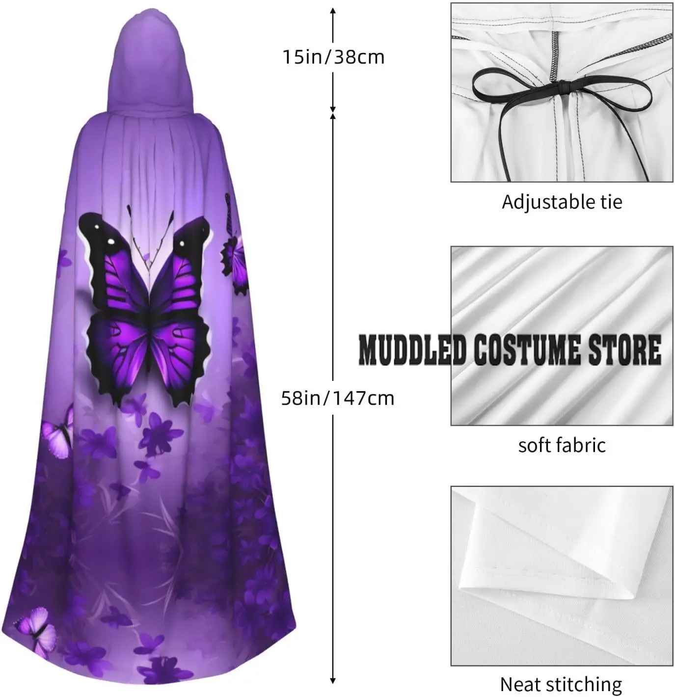 عباءة بقلنسوة على شكل فراشات أرجوانية جميلة للبالغين مع زي رداء رأس ساحرة لعيد الهالوين #5