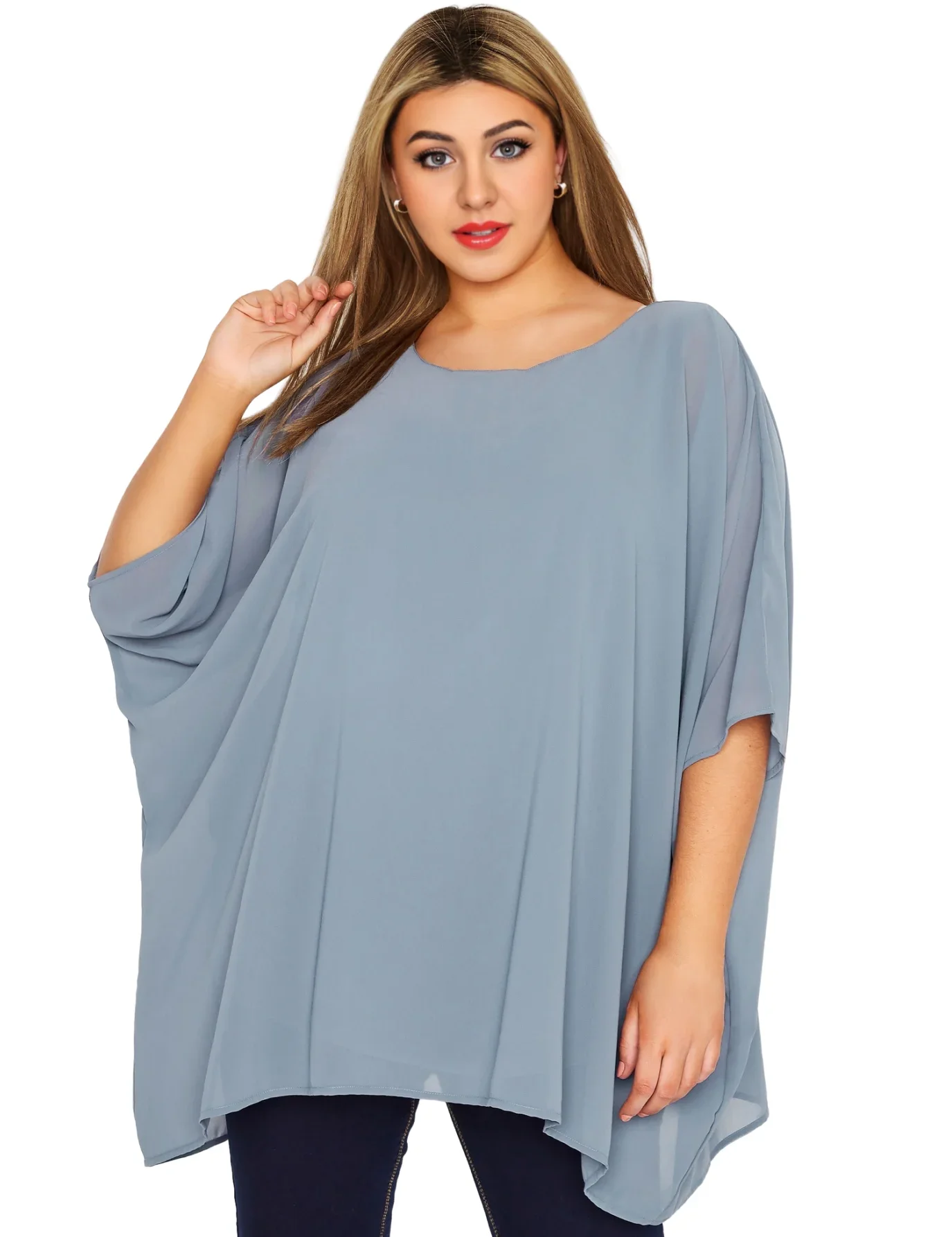 Blusa elegante de talla grande para mujer, blusa de gasa de gran tamaño con manga de murciélago y cuello redondo, camiseta tipo túnica informal de