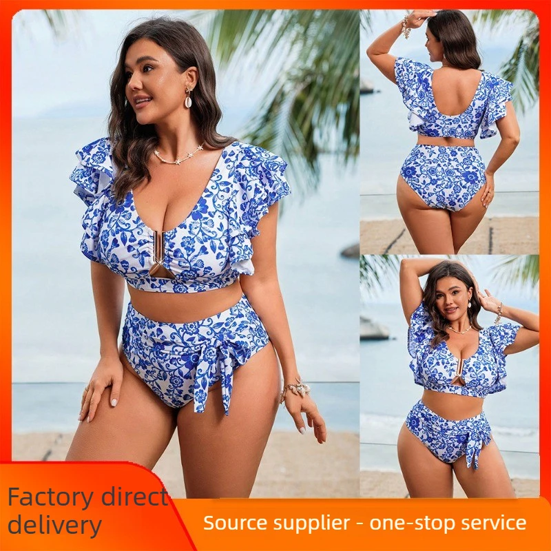 

2025 New Women's Plus Size Two-Piece - European American Blue & White Porcelain Print Stylish Bikini for Beach & Pool Parties