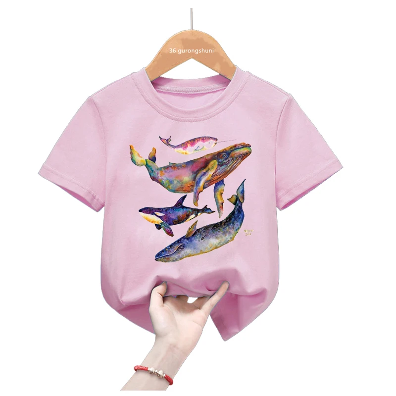 Watercolor Dolphin Printed T Shirt For Girls/Boys Funny Kids Clothes White/Pink/Blue/Gray Tshirt Summer Fashion Tops Tee Shirt