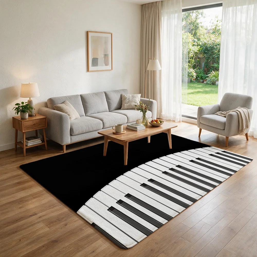 Curved Piano Keys Musical Flannel Non-Slip Floor Mat Soft Plush Rug Water Absorbent Bath Rug Entryway Floor Carpet Living Room