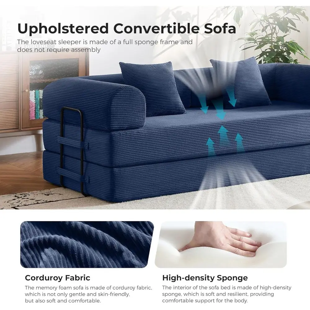 أريكة سرير قابلة للتحويل 79 5 في 1 باللون الأزرق الداكن مع إطار ثابت، بدون تجميع، غطاء سروال قصير ورغوة عالية المرونة للمساحة المدمجة #4