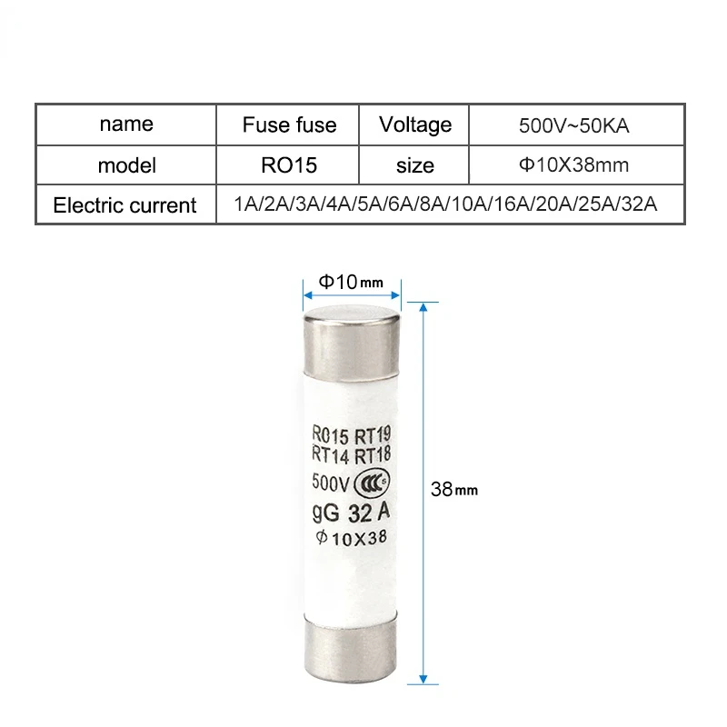 10pcs 10x38 10x38mm 500V 1A 2A 3A 4A 5A 6A 8A 10A 16A 20A 25A 32A RO15 RT19 RT14 RT18 Fast Blow Ceramic Fuse