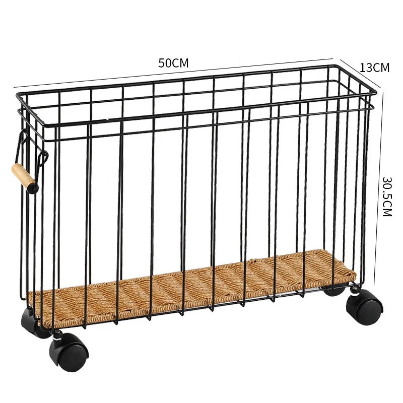 Woven iron narrow-gap living room magazine basket, long-slot side storage basket for coffee table with wheels