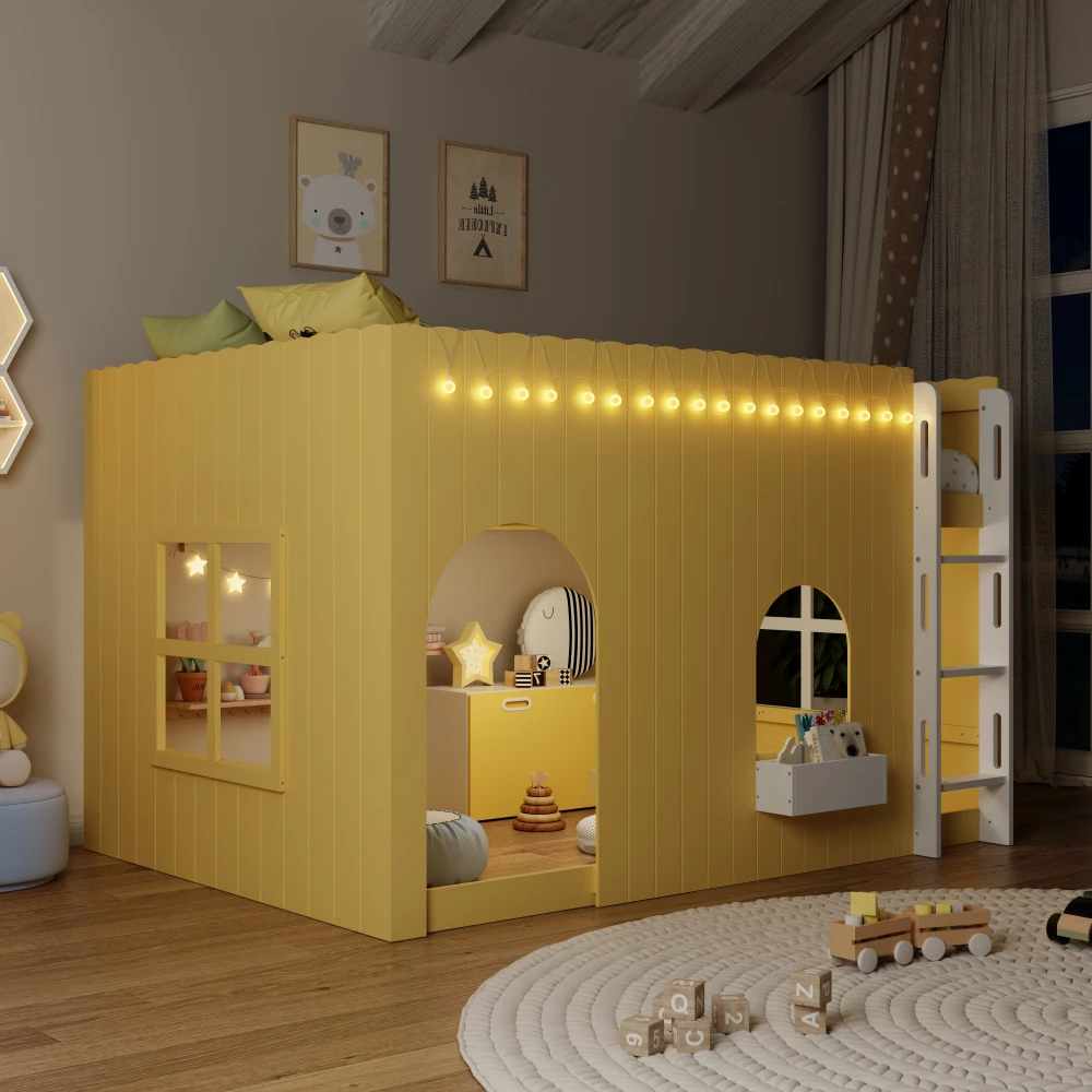 A Soft, Pale Yellow, Full-size Children's Loft Bed with Warm-toned LED String Lights. A Charming Country Cottage Design with Classic Textures, A Private Resting Place, and A Multi-functional Play and Sleep Area.