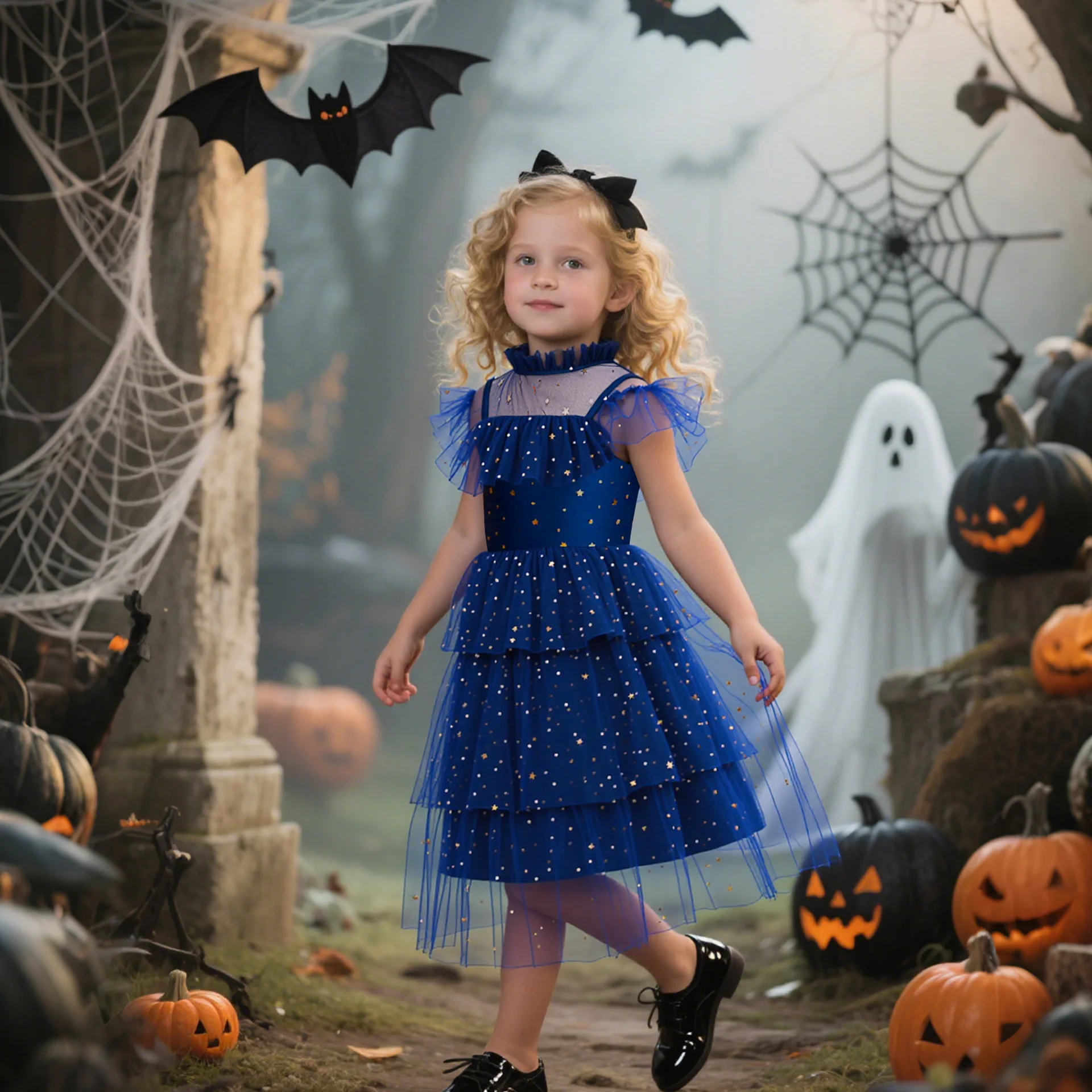Halloween Witch Cosplay Costume Star Tulle Girl Princess Dress Shiny Sequin Girls Party Dresses Elegant Birthday Evening Dress