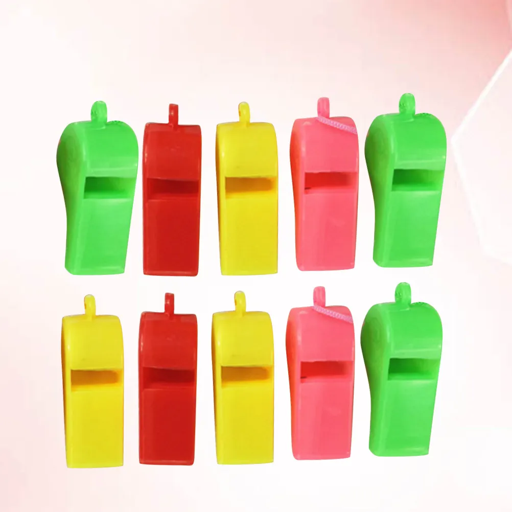 

10 шт. пластиковых свистков для вечеринок, случайные цвета, компактные, с высокой громкостью, со шнурком, для кемпинга, приключений, активного отдыха на природе