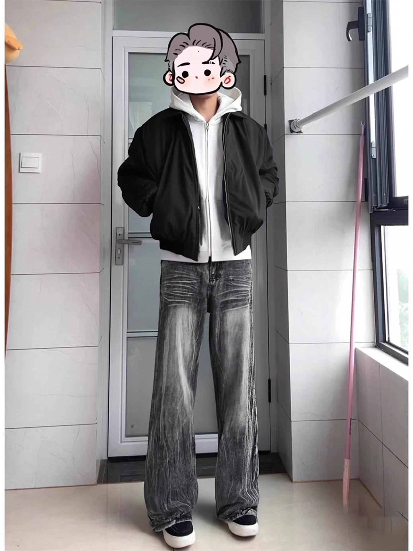 

Черные мужские джинсы с флисовой подкладкой и бамбуковым узором, прямой крой, повседневные, в стиле High Street, для подростков, на молнии, из денима