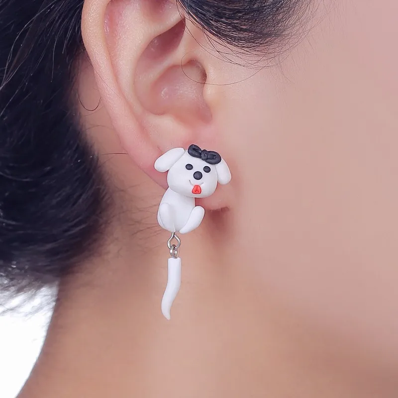 Handmade Christmas White Dog Polymer Clay Stud Earrings For Women Cute 3D Animal Red Hat Puppy Front Back Ear Jackets