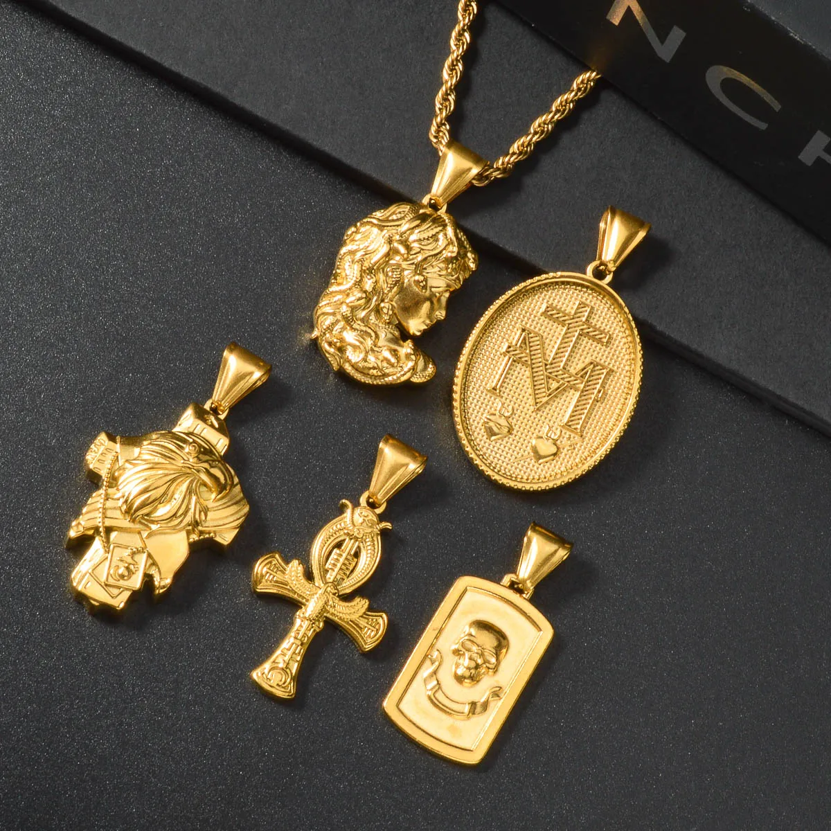 Gold Plated Stainless Steel Pendant Necklace for Men Religious Ankh Cross Jesus Coin Skull Dog Tag Charm Chain Jewelry Gift