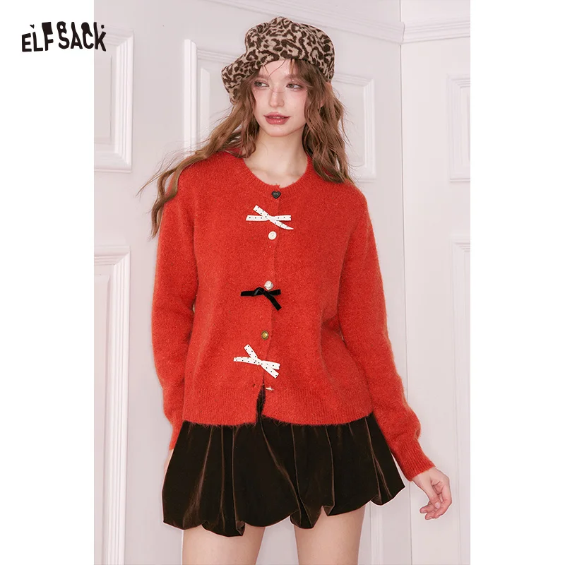 ELFSACK Preppy Sweet Kardigan damski z ozdobną kokardą 3D i różnymi guzikami