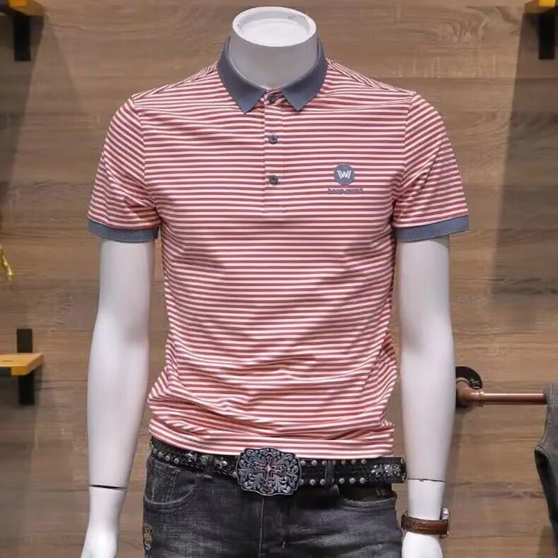 Fashion O-Neck Spliced Embroidery Striped Polo Shirts Men's Clothing Summer New Loose All-match Tops England Tee Shirt