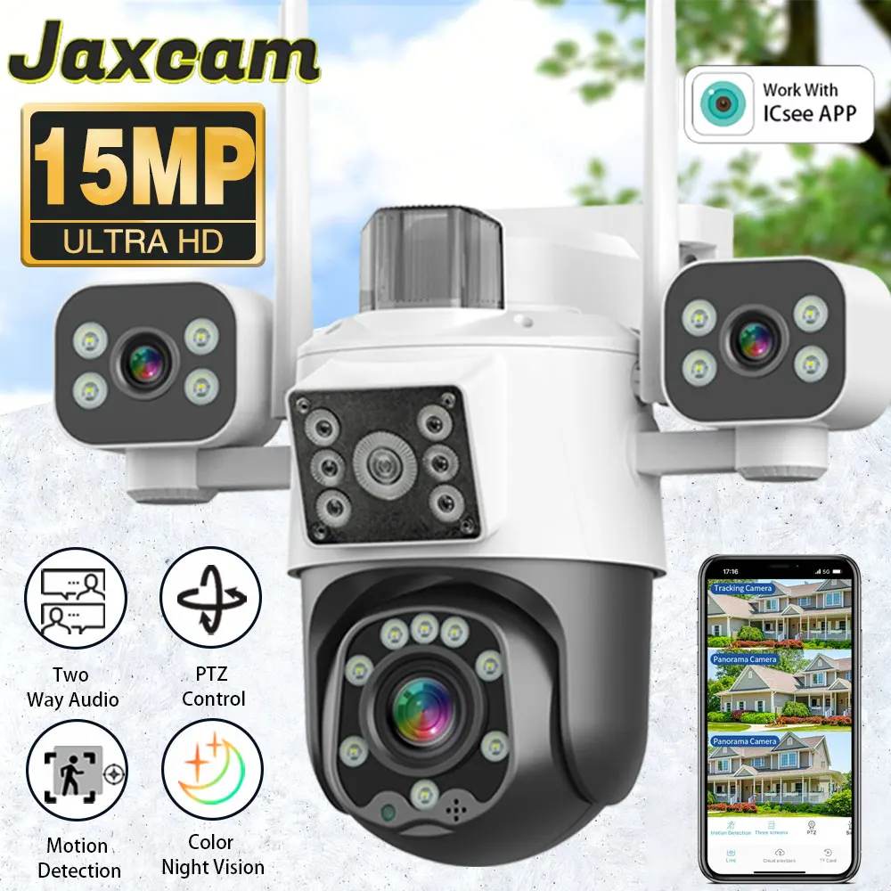 

15 МП IP-камера с тремя объективами и тремя экранами, Wi-Fi, PTZ, уличная, IP66, водонепроницаемая, с двусторонней аудиосвязью, беспроводная, для видеонаблюдения, ICs