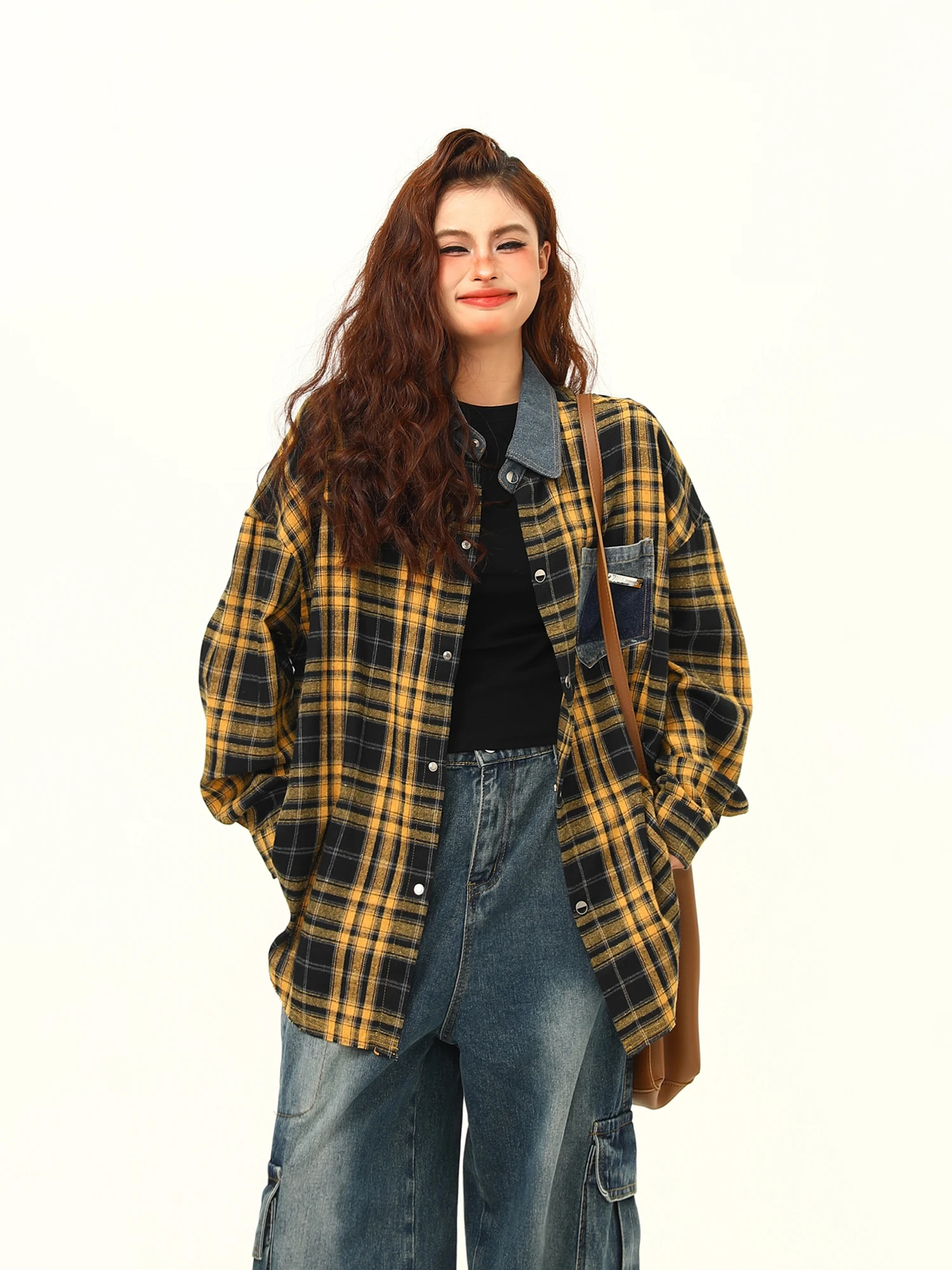 Original Designer American Street Style Plaid Shirt for Women 2024 Autumn New Vintage Loose Long Sleeve Yellow Plaid Shirt