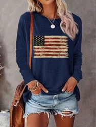 Autumn New American Flag Print Men's Long-sleeved T-shirt Urban Street Trend Fashion Women's Long-sleeved Top Everyday Casual