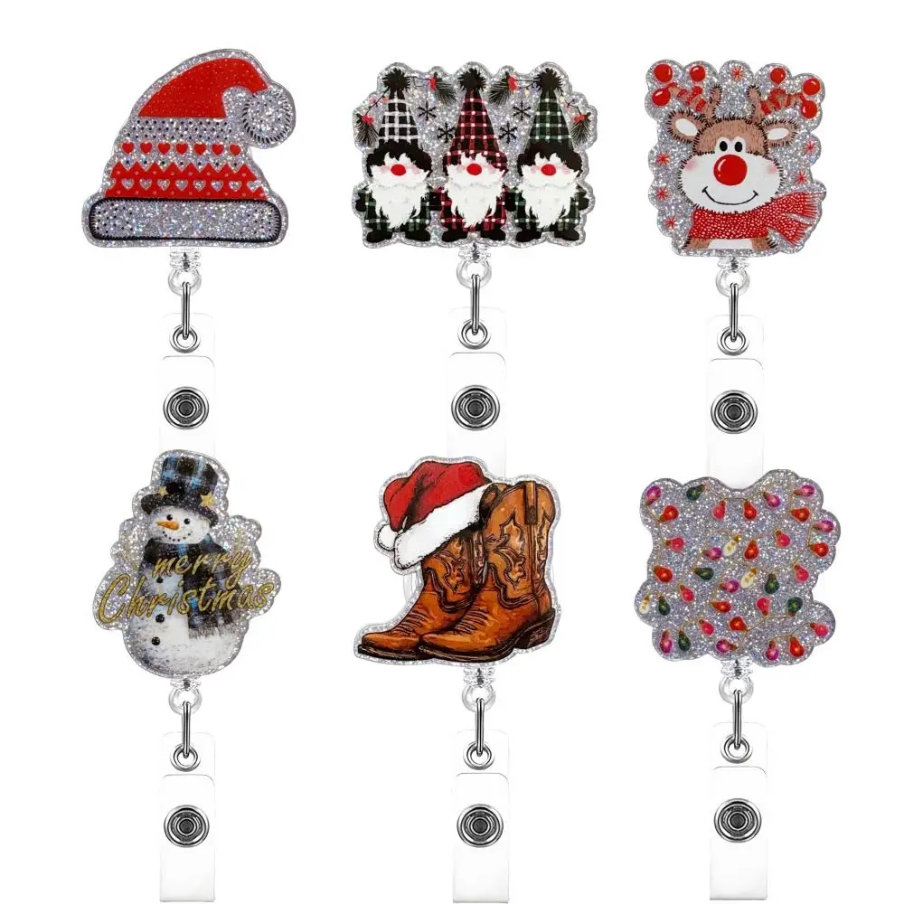 Retractable Christmas Badge Reels Christmas Hat Snowman Elk Acrylic Nurse ID Badge Holder Rotation Alligator Badge Clip Xmas