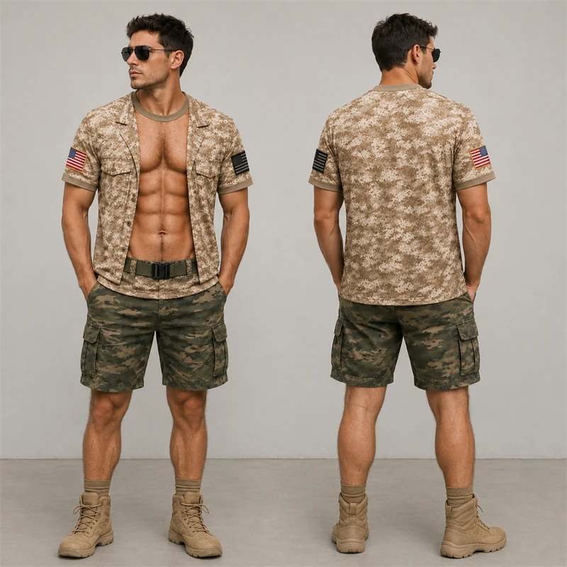 Fashion Camouflage Pattern 3D Print T Shirt For Men Fake Open Shirt Muscle Chest Short Sleeve Tees Tactical Cosplay Casual Tops