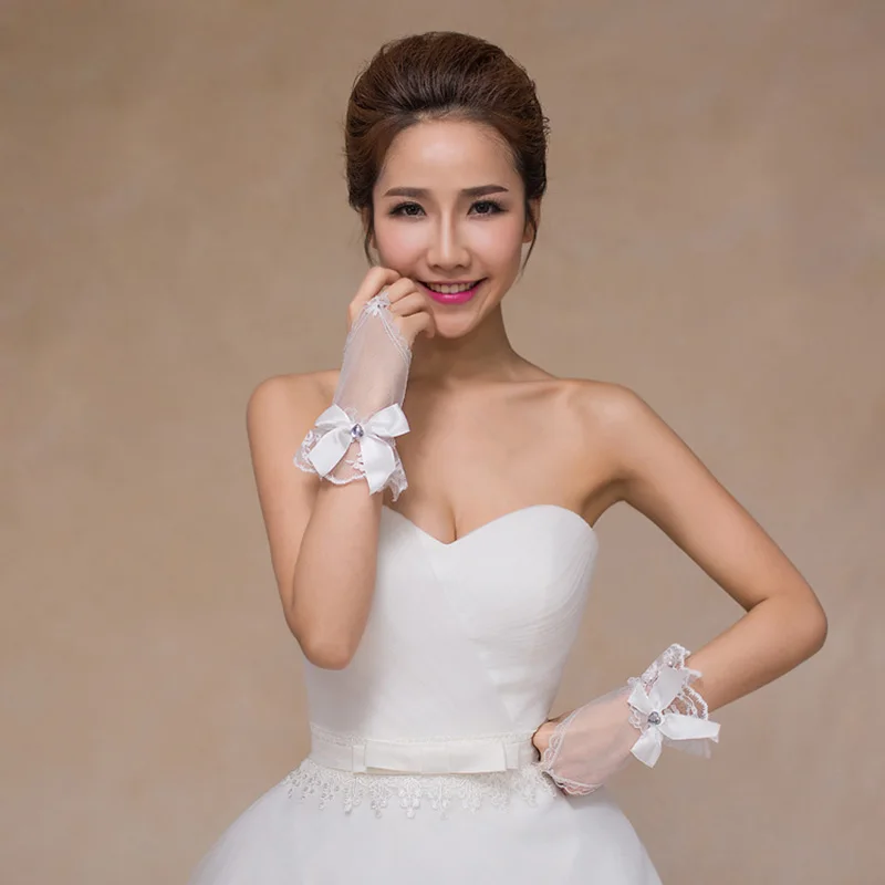 White Wedding Elegant Beading Bow Gloves Wedding Accessories