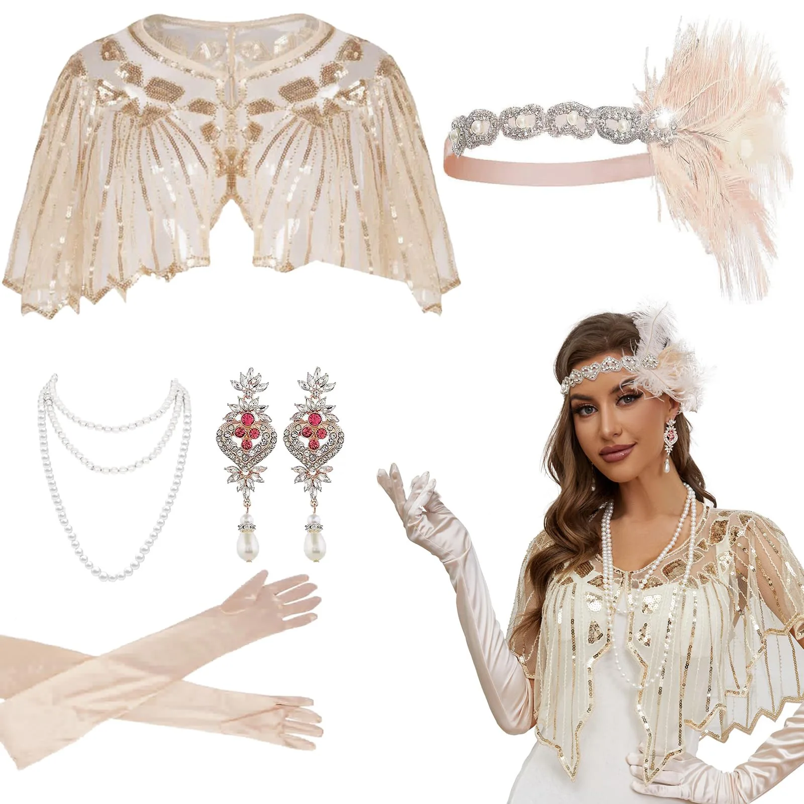 1920s Gatsby Party Wedding  Feather Headband with Pearl NecklaceSmoke Rod Glove Shawl Set Vintage Hepburn  Accessories