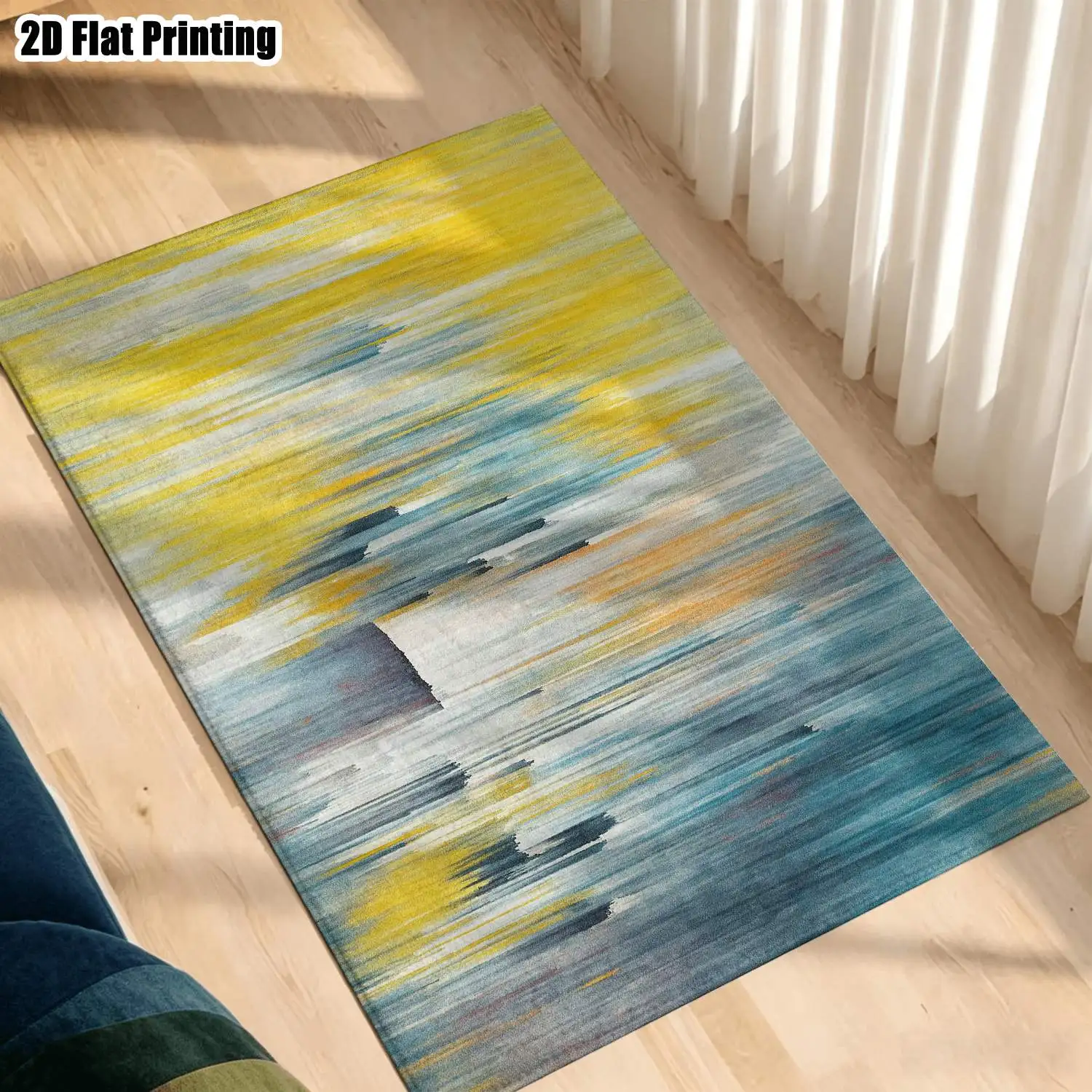 1Pc 2D Printed Nordic/Instagram Style Abstract Geometric Striped Carpet, Yellow Blue Art Pattern, Machine Washable, Multi-Size, Home Decor for Entrance, Dining, Foyer, Bedroom, Living Room Floor Mat