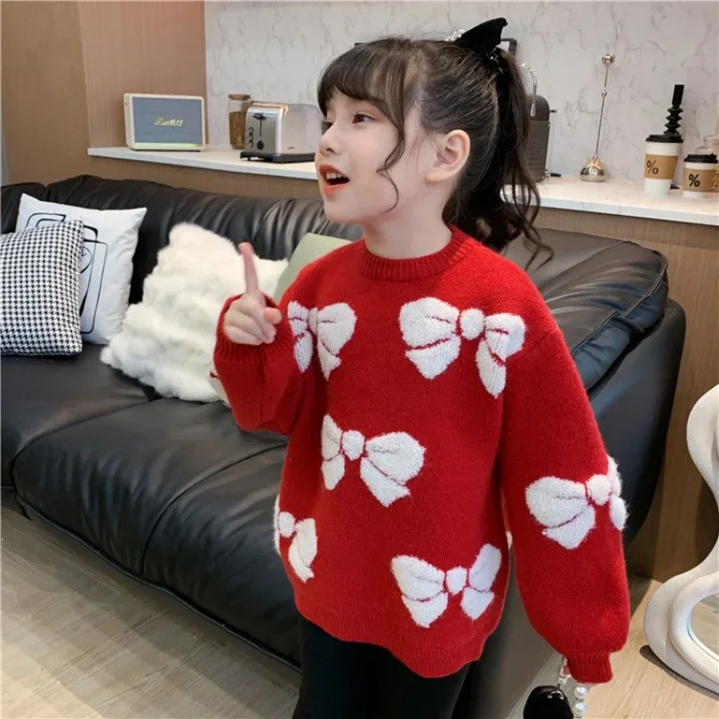 Girls Sweater Fashion Children\'s Clothing Plush Knitted Winter Wear New Girls Red Christmas Thickened Sweater Kids 8 10 14 Years