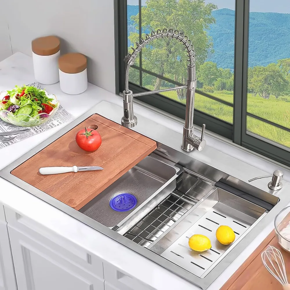 حوض مطبخ حديث منسدل مقاس 30 بوصة مع وعاء واحد وصنبور، طراز مزرعة من الفولاذ المقاوم للصدأ #2