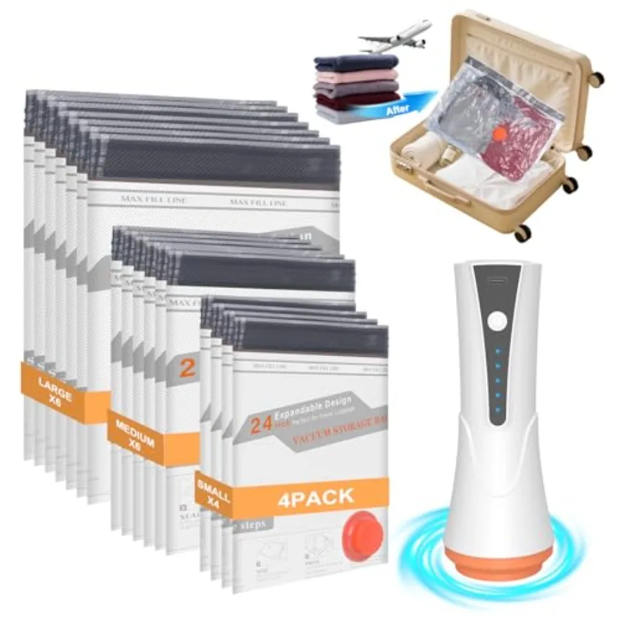 

Vacuum Storage Bags for Travel with Rechargeable Air Pump - 16 Pack Vacuum Seal Bags for Clothing Space Saver, Compression Pack