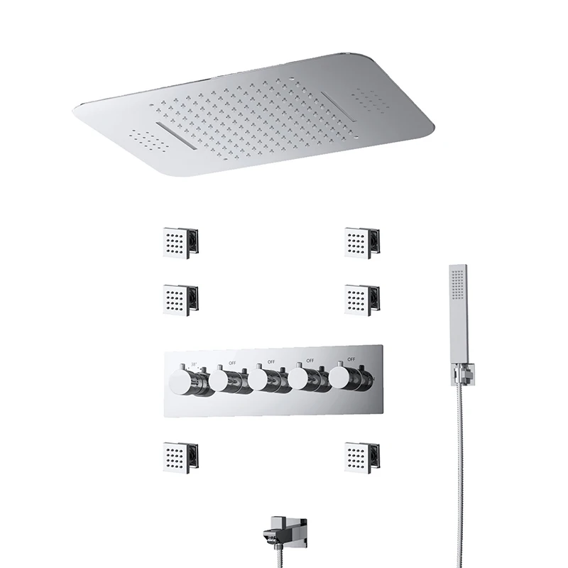 Modern Brushed Brass LED Light Wall Mount Shower Head Sets Hotel & Villa Bath Shower Faucets System Waterfall Complete Set