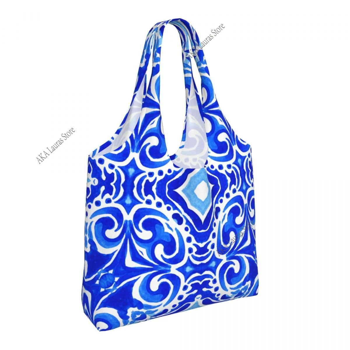 Shopping Bags Women Portable Abstract Blue White Hand Drawn Medallion Damask Tile Big Capacity Grocery Shopper Tote Bags