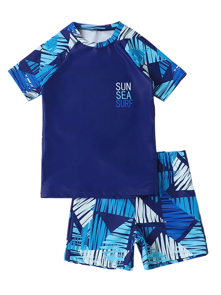 Boy Swimsuit Kids 2024 New Blue Diamond Lattice Short Sleeves Children Swimwear Summer Two Piece Beachwear Bathing Swimming Suit