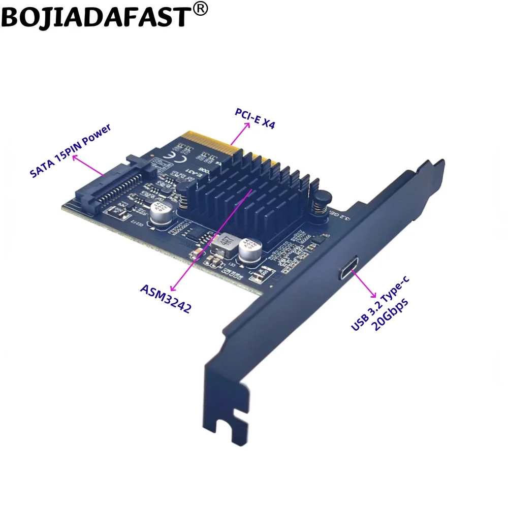 

20Gbps USB 3.2 Type-C Connector To PCI Express X4 PCI-E 4X Controller Riser Card ASM3242 SATA 15PIN Power