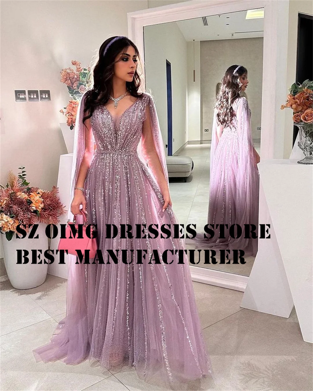 Oimgs elegante V-Ausschnitt Abschluss ball Kleid lange Umhang Ärmel Pailletten A-Linie Tüll Sweep Belastung Frauen Abendkleider formelle Party kleid