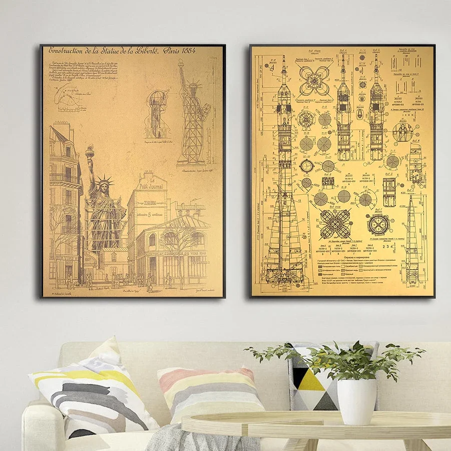 American Statue of Liberty Architecture Industrial Rocket Sketch Structural Drawing Nostalgia Kraft Paper Poster Home Wall Decor