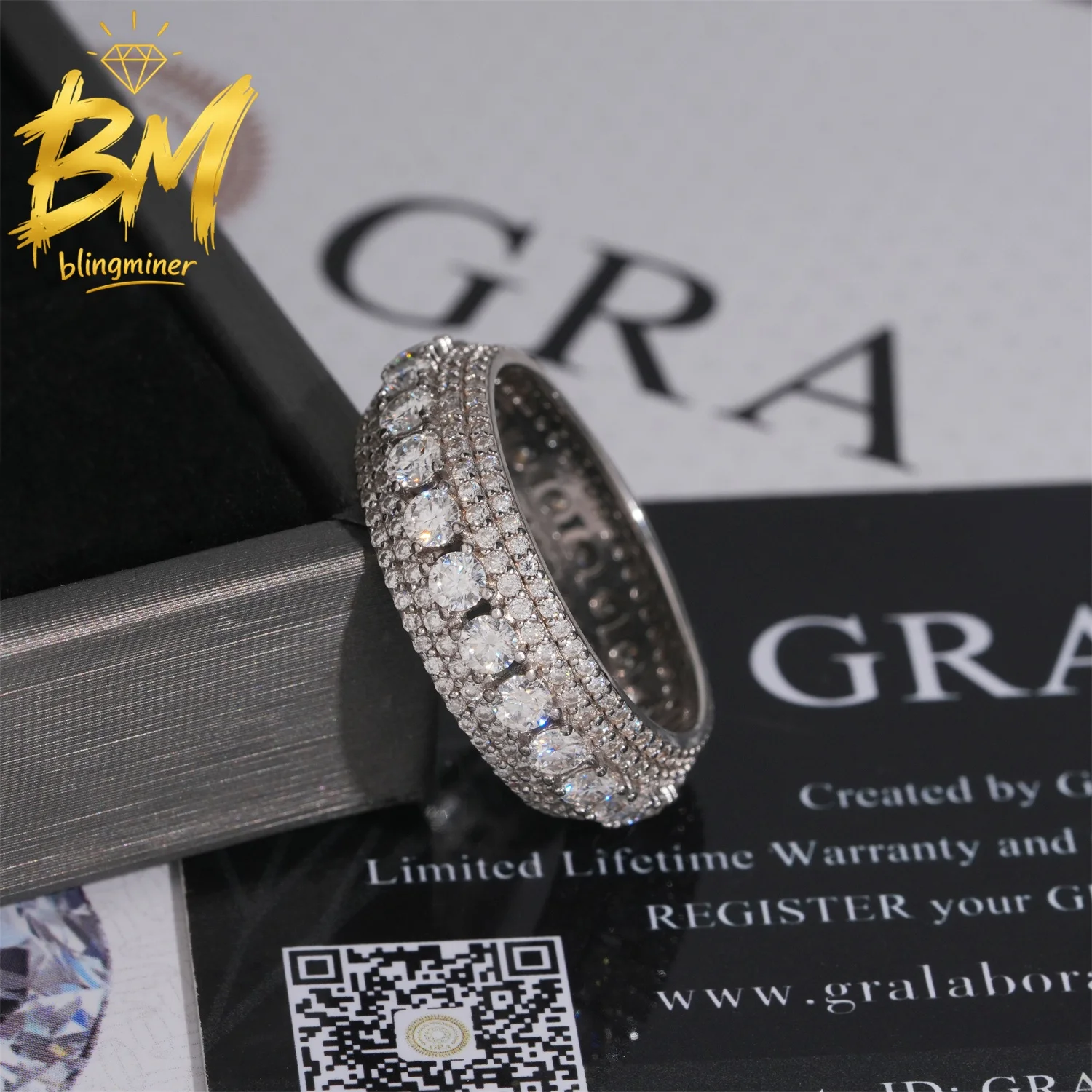 Blingminer Iced Out Round S925 Silver VVS Moissanite Rings For Men Women Finger Jewelry Pass Diamonds Tester GRA Free Shipping