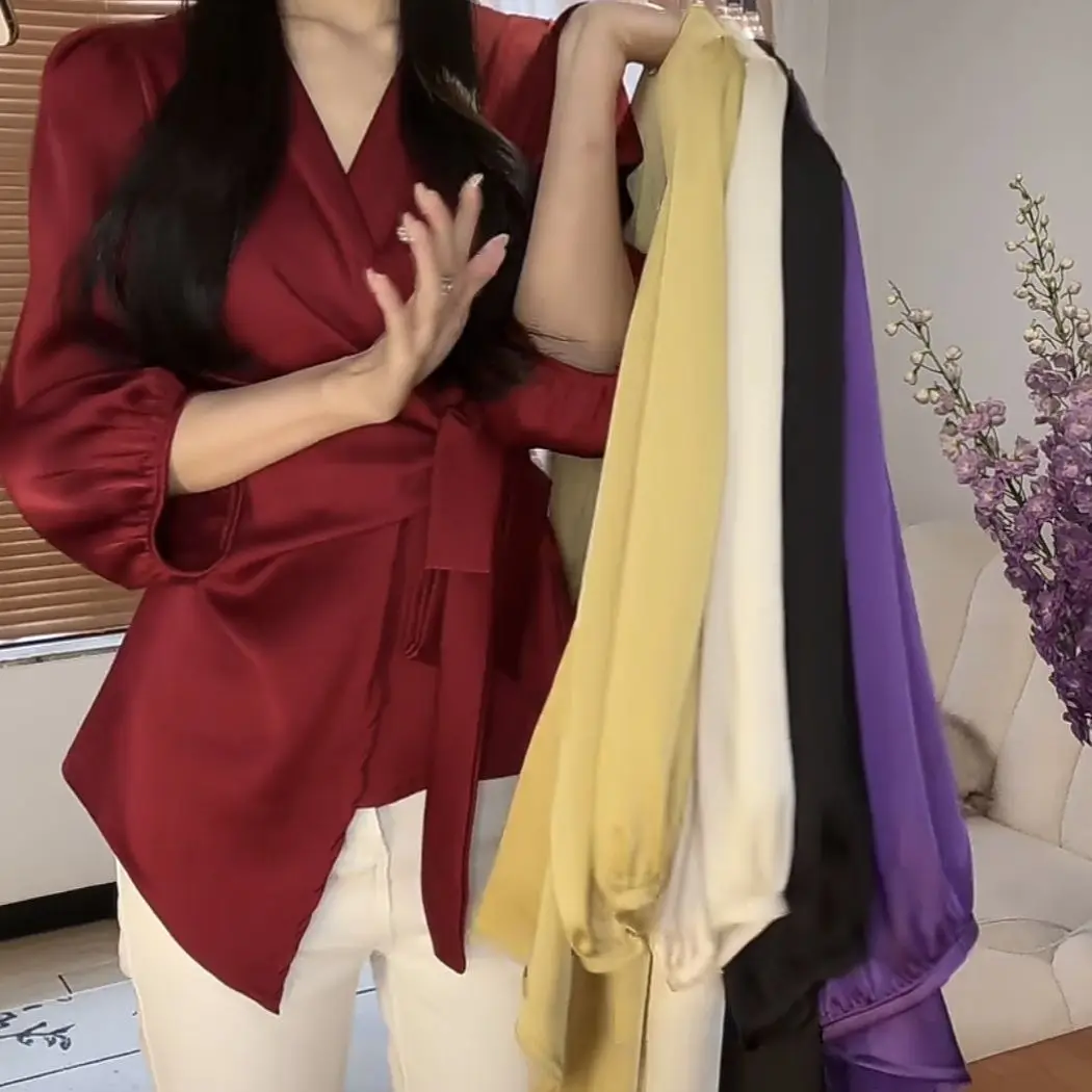 Light Cooked Satin New French Unique Design Strap Purple Slim Fit Top Shirt Waist Cinching Niche
