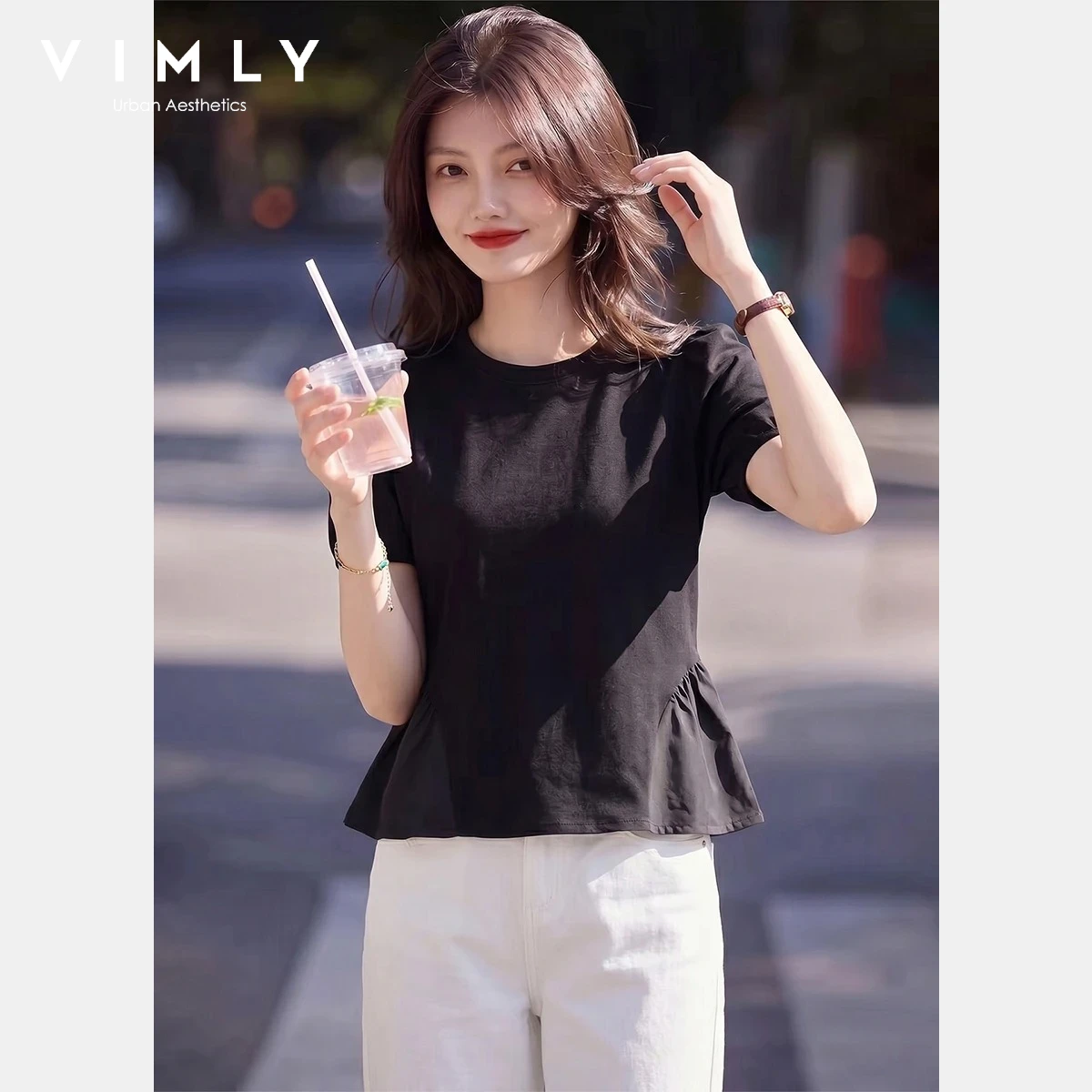 

VIMLY Versatile Crew Neck Black Top Women 2026 Summer Minimalist French Ruffled Hem Loose Casual Short Sleeve T-shirt A6685