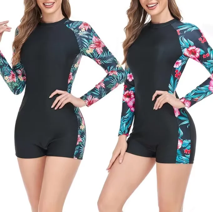 Nadanbao Swimsuits One-Piece Women Swimwear Long Sleeve Fashion Floral Printing Bodysuit Summer Beach Party Surfing Beachwear