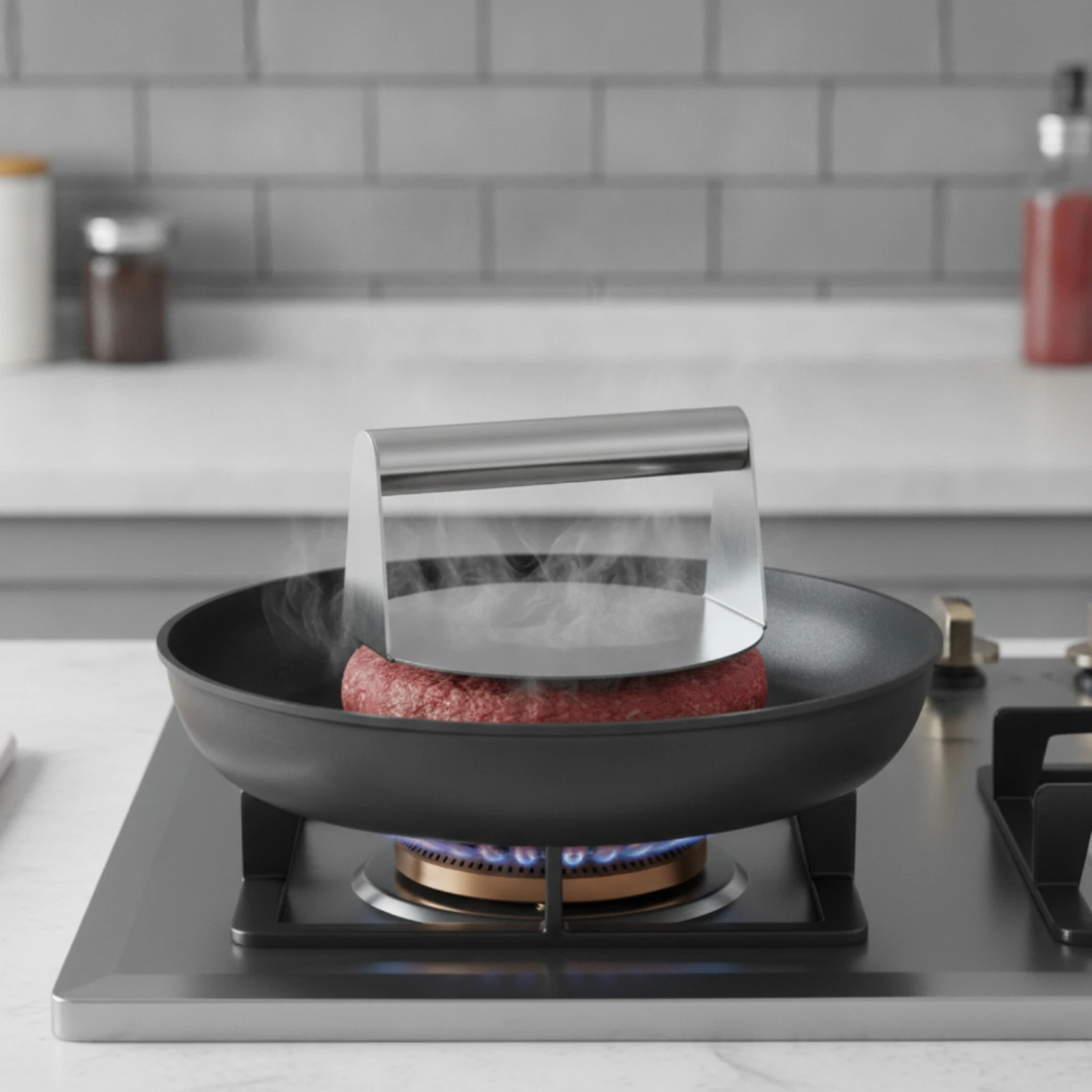 Cooking Weight with Handle Stainless Steel Burger Press Flat Bottom Steak Weight for Home Cooks, Barbecue Experts Griddle Cookin