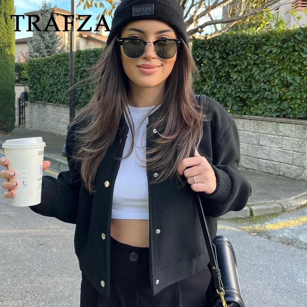 TRAFZA 2024 Autumn Winter Casual Women Jackets Fashion Streetwear O Neck Solid Single Breasted Pockets Chic Ladies Jackets