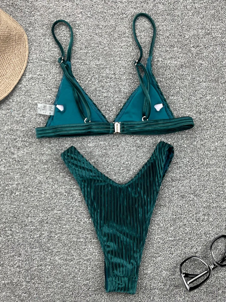 Bikini de terciopelo metálico acanalado para mujer, traje de baño femenino con Tanga, conjunto de Bikini de dos piezas, traje de baño de corte alto, ropa de playa