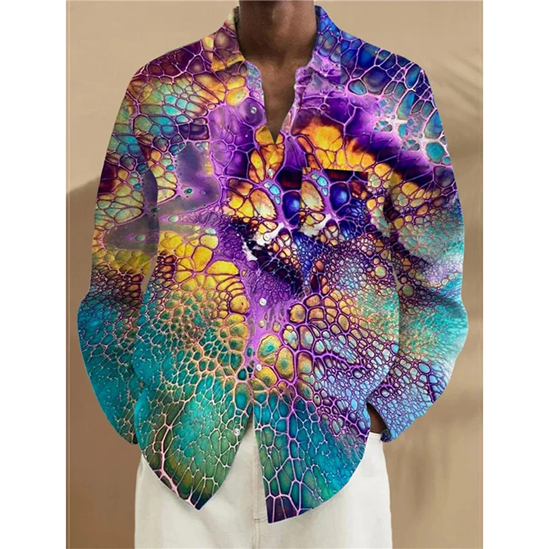 Mens Long Sleeve Button Down Shirts Full Print Artistic Abstract Pattern Casual Shirt Mens Long Sleeve Plus Size Turndown Blouse