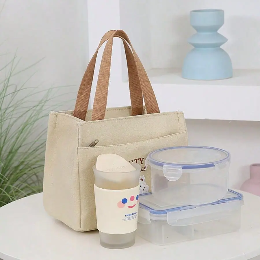 1PC Cartoon Bear Embroidery Canvas Lunch Bag Insulated Thermal Lunch Tote Reusable Food Storage Bag For Office School Picnic