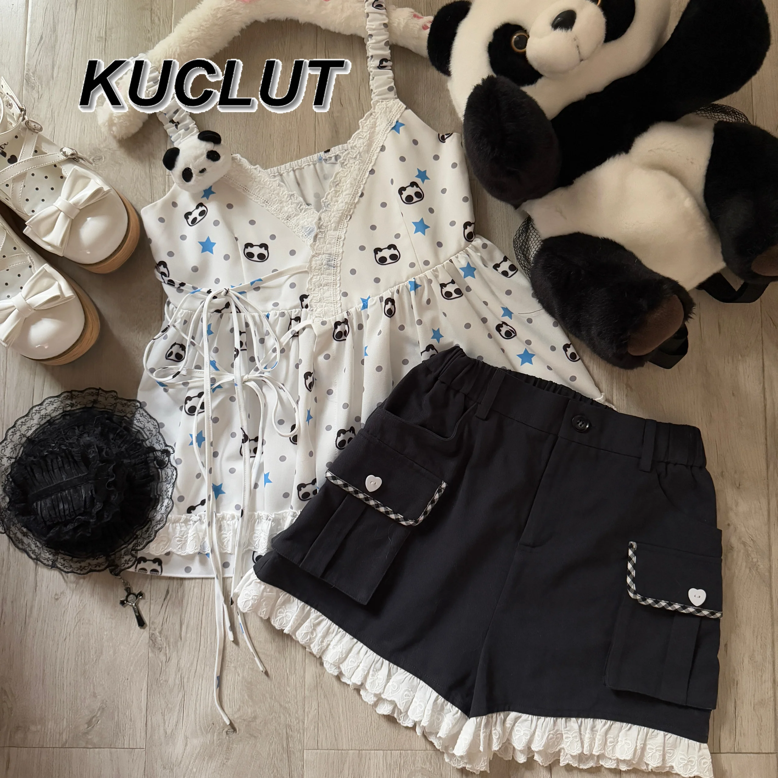 

Two Piece Sets Womens Outifits Fashion Cat and Bear Summer Casual Suit Girl Cute Suspender Vest Top and Shorts Set Femme
