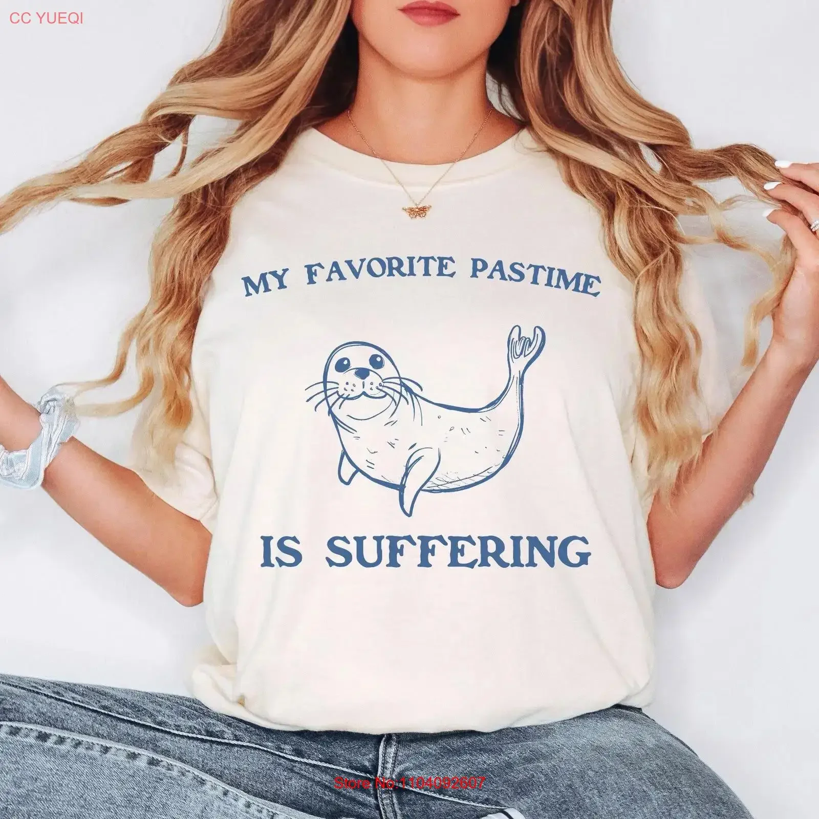 My Favorite Pastime Is Suffering T Shirt Sad Seal Funny Dark Humor Depressed Animal Relatable vintage Washed Casual fashion