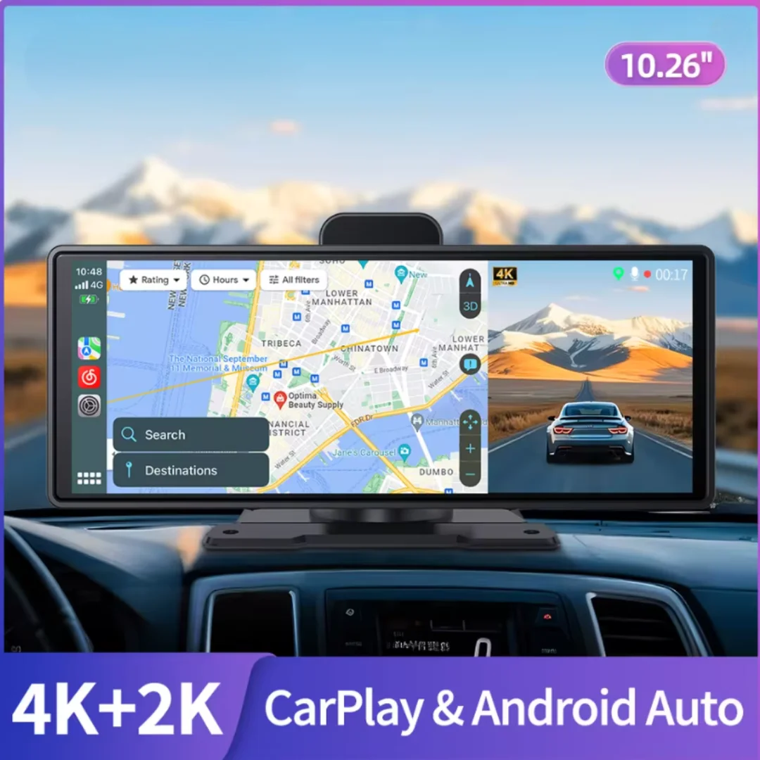 10.26Inch 4K+2K 2160P Dash Cam Rearview Camera Carplay & Android Auto GPS Navigation with Voice Control Car DVR BT FM Monitor