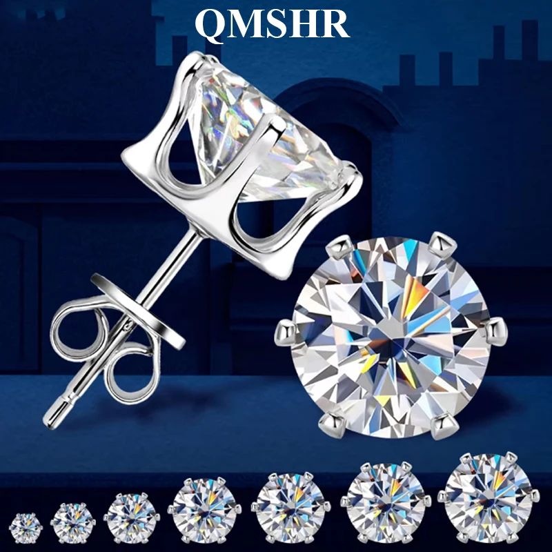 

QMSHR 1CT Moissanite Diamond Stud Earrings for Women Men 925 Silver Original Certified Plated 18k Gold Earring Wedding Jewelry